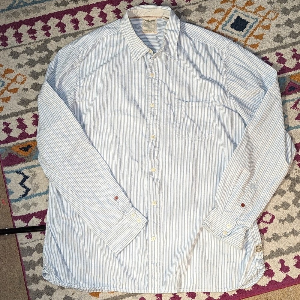 Timberland Men's Size XXL Classic Fit Blue White Striped Button Front Shirt